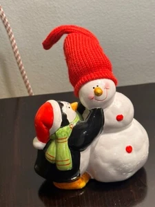 CERAMIC ORNAMENT SNOWMAN AND PINGUIN VINTAGE 5" - Picture 1 of 8