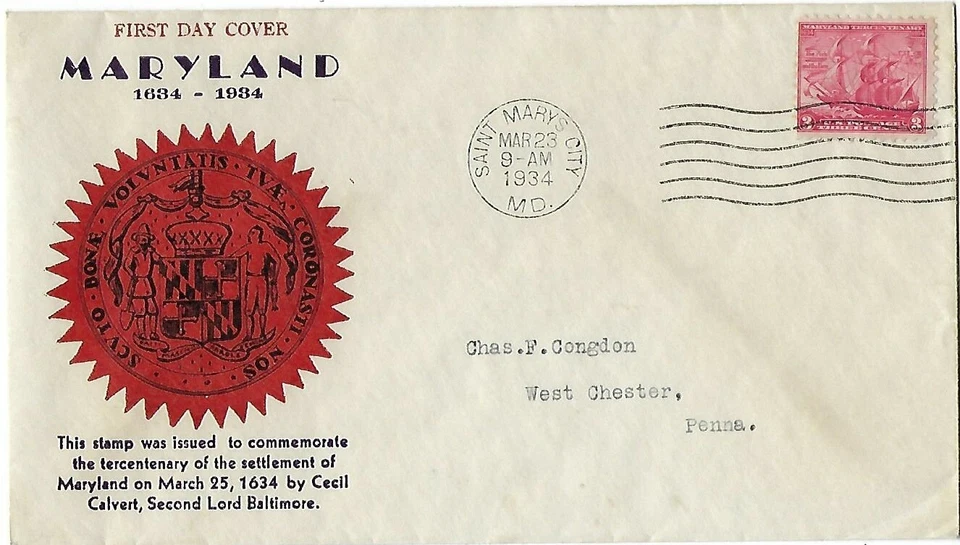 '34 FDC Maryland 300th on 1st Cachet Donald Kapner SC#736 CV$25 - Image 1 of 1