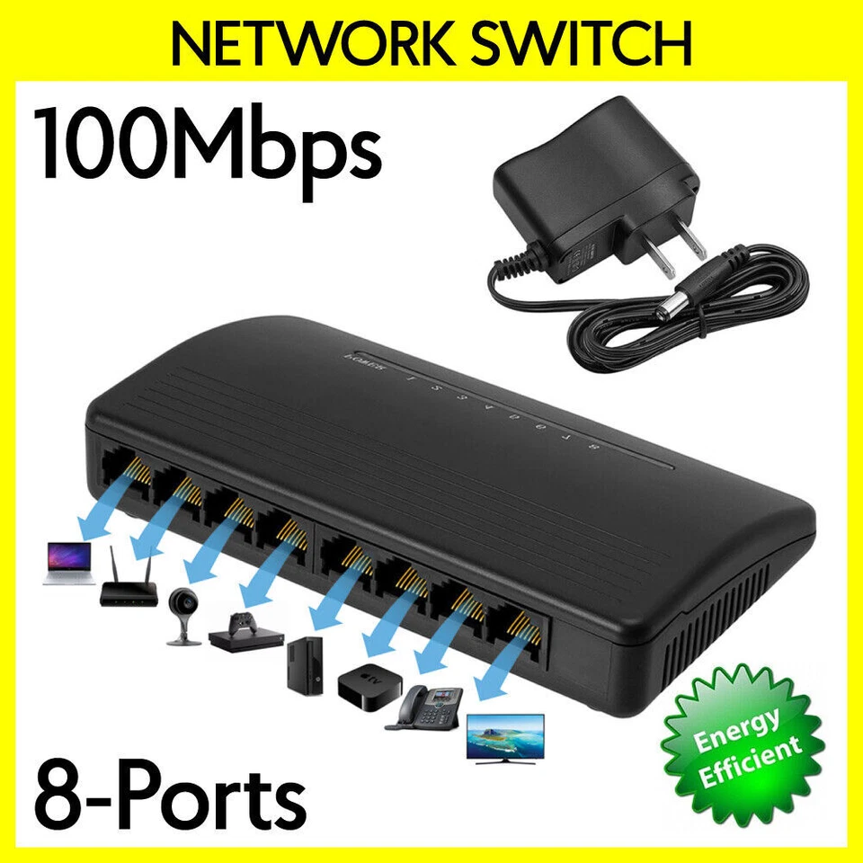 8 Port Network Switch 1-Input 8-Outputs 10/100Mbps Ethernet Desktop Switcher NEW - Image 1 of 4