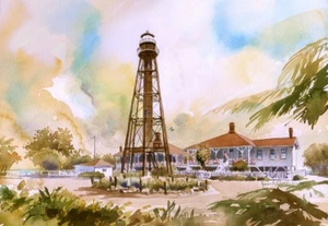 Paisaje faro de la isla de Sanibel, Florida. Tarjetas de notas de acuarela de James Mann - Imagen 1 de 2