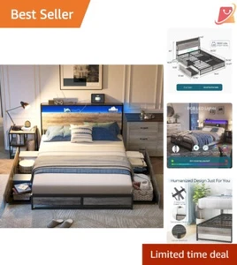 Full Size Bed Frame Metal with RGB Lights & USB Ports 4 Drawers Storage Ideal - Picture 1 of 9