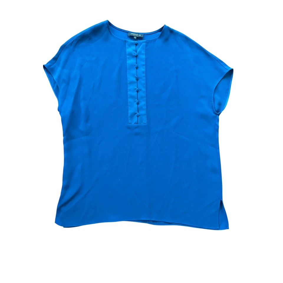 Lafayette 148 New York Royal Blue Silk Button-Up Short Sleeve Top Blouse - Image 1 of 4