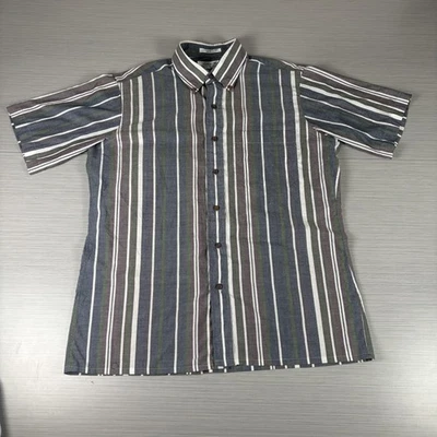 Arrow Sport Shirt Mens Large Blue Gray Green Striped Short Sleeve Button Down - Image 1 of 4