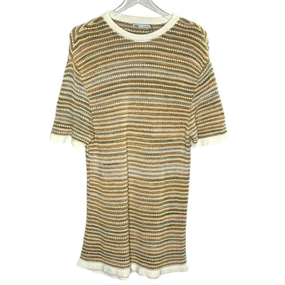 Zara SM Mens Striped Knit Short Sleeve Shirt Crew Neck Neutral Tones - Image 1 of 4