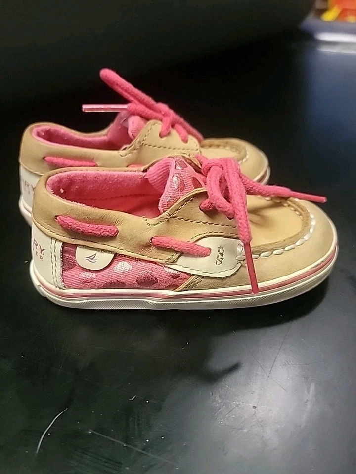 ZAPATOS DE CUNA SPERRY INFANTIL NIÑAS TOP SIDERS TALLA 4 BARCO ANIMAL PRINT ROSA Y BEIGE  Foto 1 de 4
