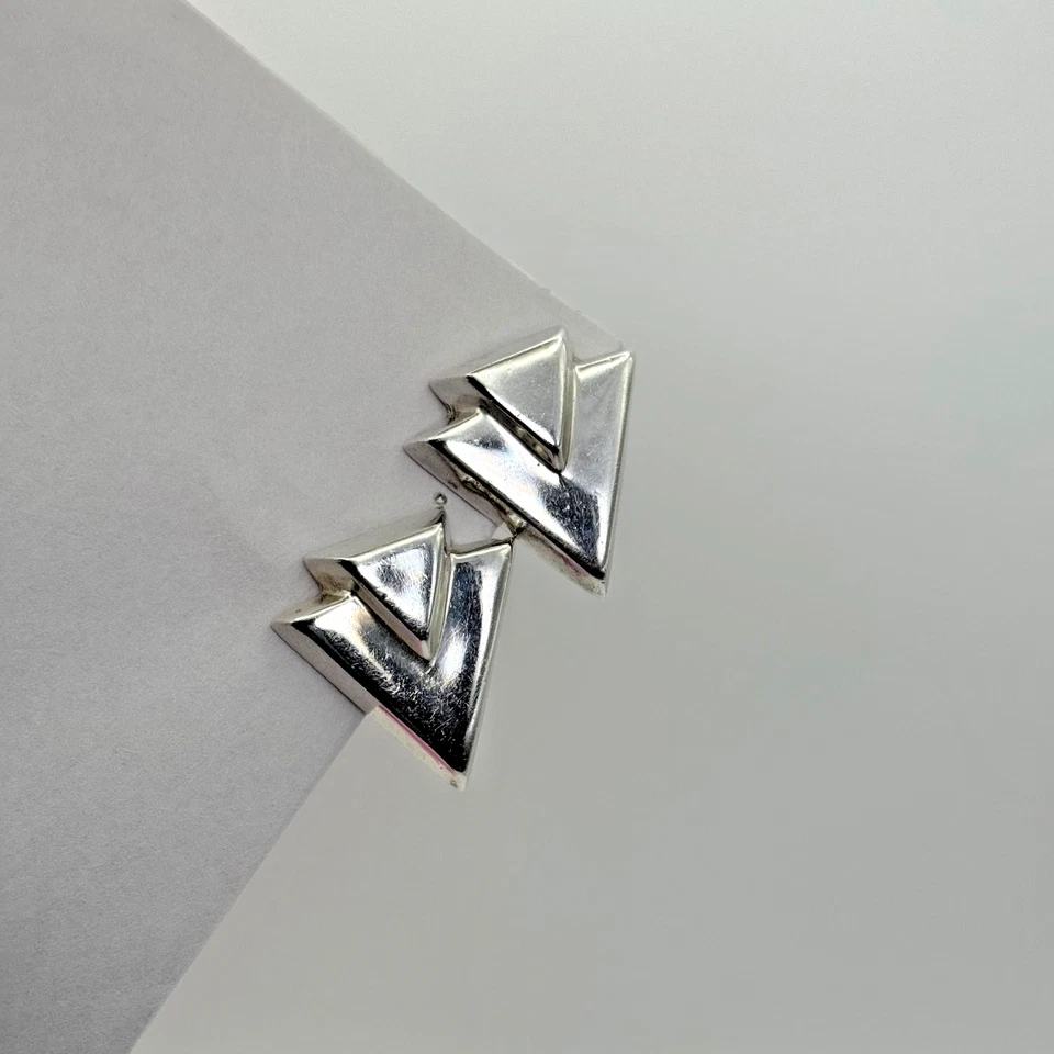 Zina Sterling Silver 925 Modernist Chevron Earrings 2", Pierced Omega Backs - Image 1 of 4