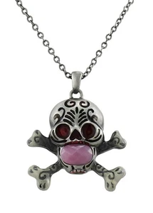 Zeckos Solid Pewter Day of the Dead Skull Pendant with Faceted Pink Stone - Picture 1 of 3