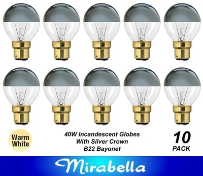 10 x 40W Silver Cap Light Globes Bulbs Lamp B22 Bayonet Cap BC Fancy Round Crown - Image 1 of 4