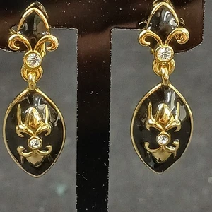 Goldfarbene Fleur de Lis & schwarze Emaille Clip auf verstellbare Ohrringe - Bild 1 von 5