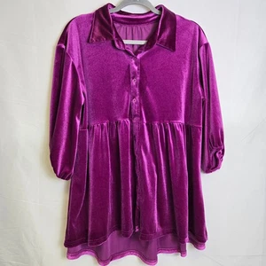 Top túnica babydoll de terciopelo con cuello abotonado, púrpura, para mujer talla mediana - Imagen 1 de 10