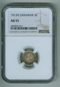 SARAWAK 1913-H 5 CENTS SILVER C. BROOKE RAJAH NGC AU-55 - Picture 1 of 2