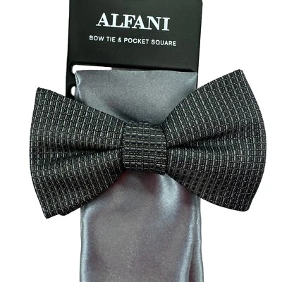 Alfani Mens Ludlow Textured Bow Tie & Pocket Square Black Silver OS - Image 1 of 4