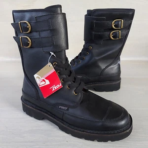 ROXY Life Fighter Textured Leather Black Combat Biker Boots UK 8 EU 41 US 9.5 - Picture 1 of 16