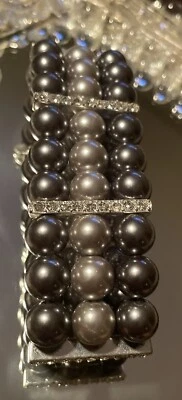 Pulsera RMN 3 hilos imitación gris perla y tono plata estrás elástico Foto 1 de 4