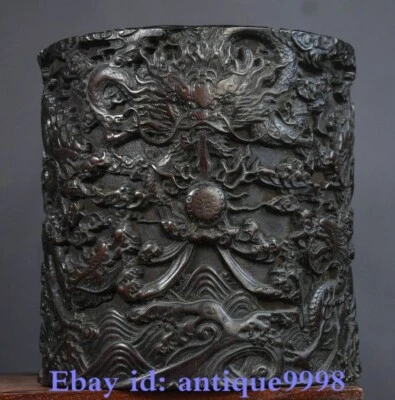 9,8-дюймовая старая китайская ваза-карандаш из натурального черного дерева с резным узором 9 драконов - Изображение 1 из 4