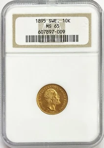 1895 EB GOLD SWEDEN 10 KRONOR OSCAR II COIN NGC MINT STATE 65 - Picture 1 of 2