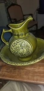 Vintage McCoy Pottery Thanksgiving Basin & Pitcher Olive Green #7516, Mint Set! - Picture 1 of 15
