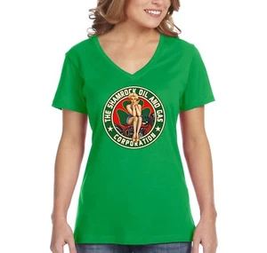 Womens Shamrock Oil Gas Irish Pinup Girl Biker St. Patrick's Day V-Neck T-Shirt - Picture 1 of 6