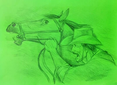 Arte de pared original dibujo a lápiz vaquero con dibujo de caballo vaquero ganado paseo Foto 1 de 4