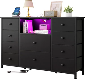 "Black Dresser with LED, 10 Drawers, Charging Station, TV Stand, Organizer" - Picture 1 of 12