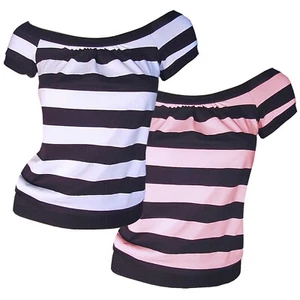New Vintage Y2K Off The Shoulder Top Made USA Stripe/Striped Pink/White Black - Picture 1 of 9