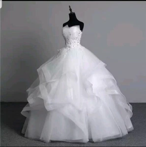 UK white ivory Organza Lace Appliques Ball Gown Cheap Wedding Dresses Size 6-22 - Picture 1 of 7