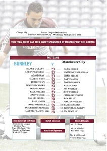 Teamsheet - Burnley Reserves v Manchester City Reserves 1996/7 (4 Sep) - Picture 1 of 1