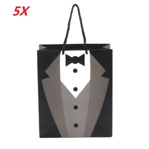 5X Paper Tuxedo Groomsmen Thank You Gift Bags Black Wedding Bridal Party 
