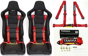 2 X TANAKA UNIVERSAL RED 4 POINT BUCKLE RACING SEAT BELT HARNESS - Picture 1 of 7