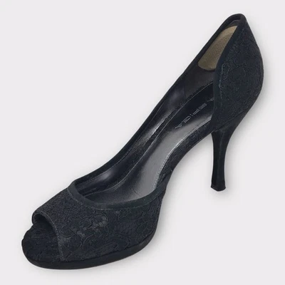 Tacones Via Spiga negros de encaje y gamuza con punta abierta 8M italianos Foto 1 de 4