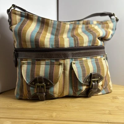 Liz Claiborne Women’s Brown Beige Teal Stripe Multi Pocket Handle Purse Handbag - Image 1 of 4