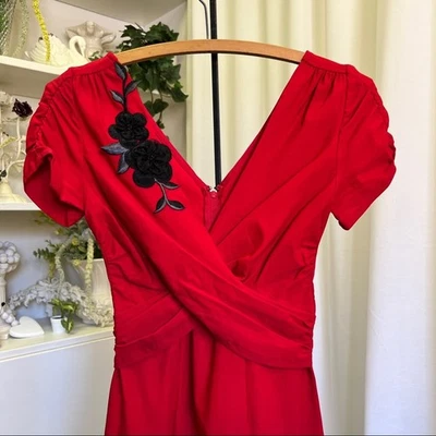 Stop Staring! Red Black Rose Appliqué Lana Wrap Front 40s Style Dress - Image 1 of 4