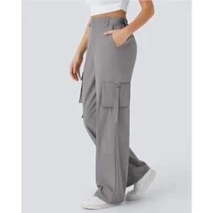 Halara High Waist Zipper Multiple Pocket Straight Leg Casual Gray Cargo Pants, S - Picture 1 of 14