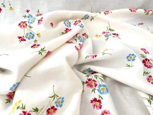 Vintage Mid Century Modern Floral Linen Tablecloth & 5 Napkins  YY962 - Picture 1 of 7