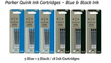 18 x Parker Quink Ink Cartridges For All Parker Fountain Pens, 3 Blue + 3 Black