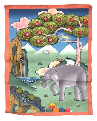 Buddhist Allegory Painting: "Four Harmonious Friends" Bhutanese Artwork 11 x 14 - Image 1 of 4