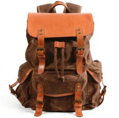 Men's Waterproof Oil Wax Canvas+Real Leather Backpack Sport Travel Bag Book Bag - Image 1 of 4