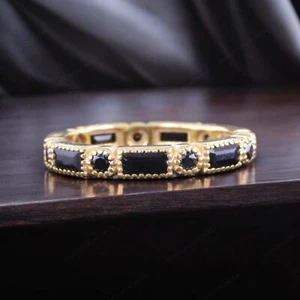 925 Sterling Silver 4x2 mm Baguette Shape Natural Onyx Band Yellow Gold Plated - Picture 1 of 8