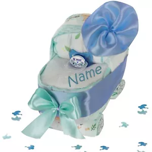 Pampers Windelwagen blau + Baby Lätzchen bedruckt mit Name Junge Geschenk Geburt - Bild 1 von 6