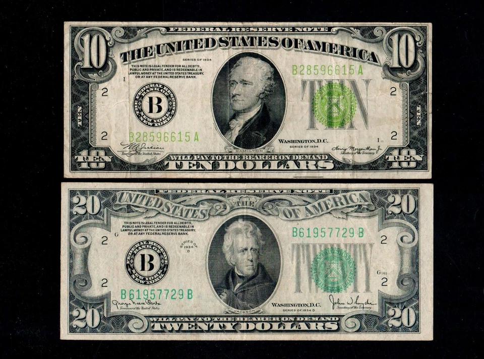 2 pcs $10 1934 $201934-D Federal Reserve Notes New York (118) - Image 1 of 2