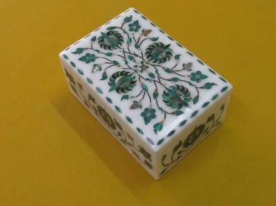 Marble Jewelry Box Handmade Pietra Dura Art Semi Precious Stone Malachite Gift - Image 1 of 3