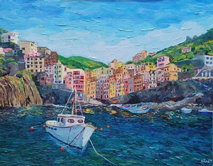 ON SALE Cinque Terre Italy Original Acrylic Painting Canvas Panel 18x14 inches - Picture 1 of 8