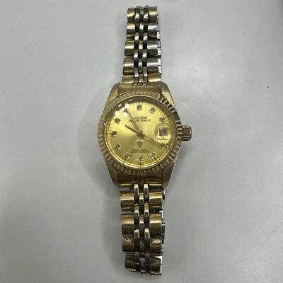 Reloj Croton Mujer Fecha Presidencial Chapado en Oro 23k Bisel Acanalado Piedra Marcador Foto 1 de 4