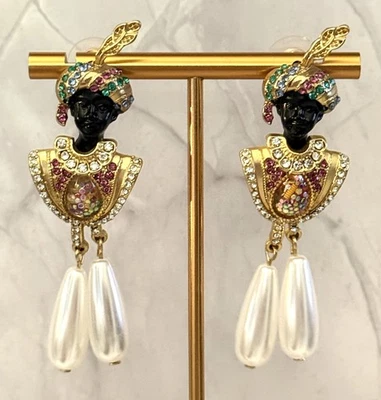Baroque Revival Enamel Rhinestone Faux Pearl Blackamoor Dangle Earrings - Image 1 of 4