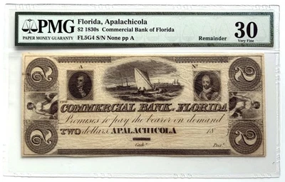 1800's $2 The Commercial Bank of Florida - Apalachicola, FLORIDA Note PMG VF 30 - Image 1 of 2