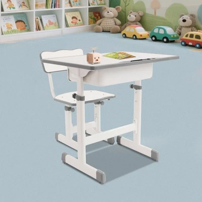 Verstellbarer Schreibtisch und Stuhl, Schreibtischset für Kinder mit Stuhl, weiß - Bild 1 von 4