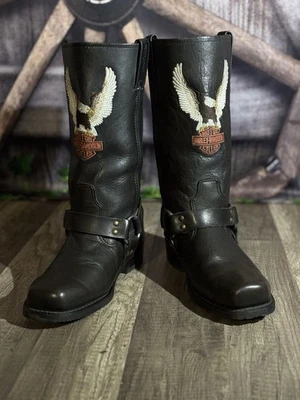 Harley-Davidson Botas Arnés Cuero Negro - Puntera Cuadrada - Bordado Águila - Sin Usar Foto 1 de 4