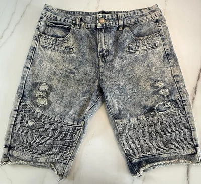 Pantalones cortos de mezclilla negros premium de algodón envejecido para hombre talla 34 hebilla de lavado ácido Foto 1 de 4