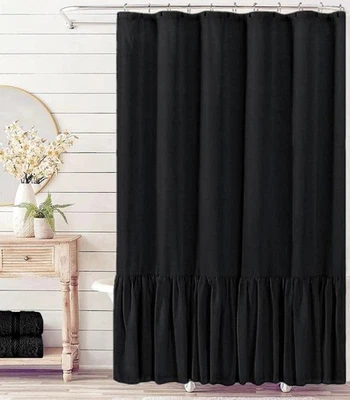 Beige Farmhouse Linen Shower Curtain with Ruffle Hem, 72"x72", Rustic Style - Image 1 of 4