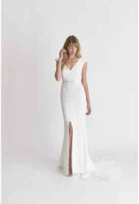 Alexandra Grecco Gemma 6 Wedding Dress Ivory Silk Crepe Slits Sleeves Modern - Image 1 of 4